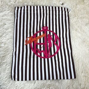 Henri Bendel Striped Embroidered Lingerie Dust/Travel Drawstring Bag Black White